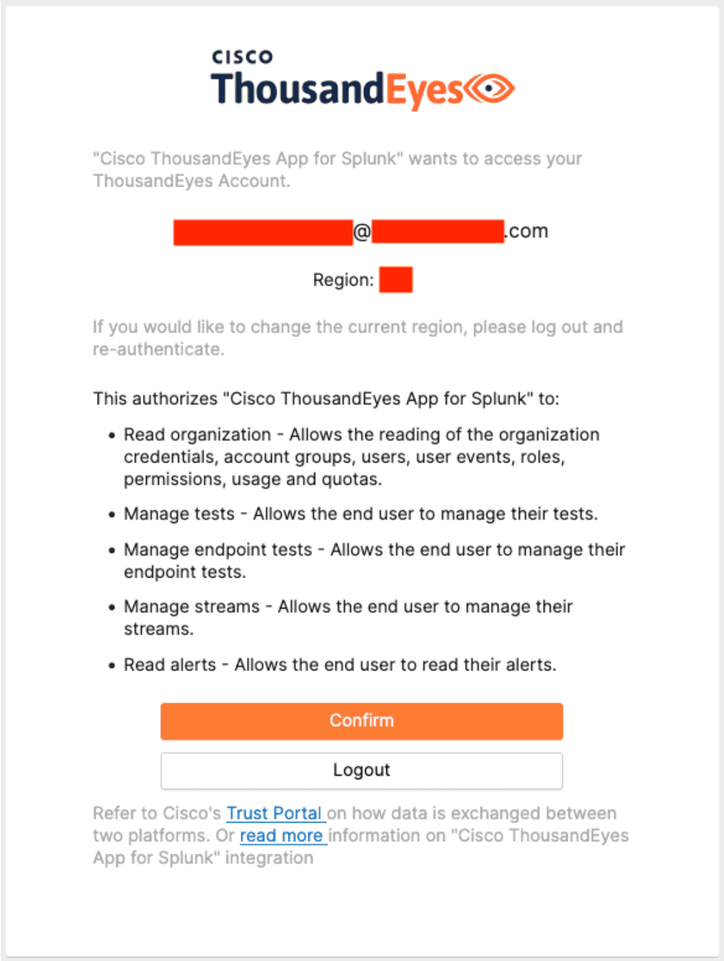 Banner requesting user confirmation to allow Splunk to access ThousandEyes